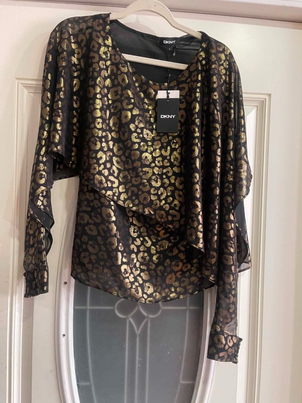 DKNY Black Blouse with Metallic Gold Leopard Print